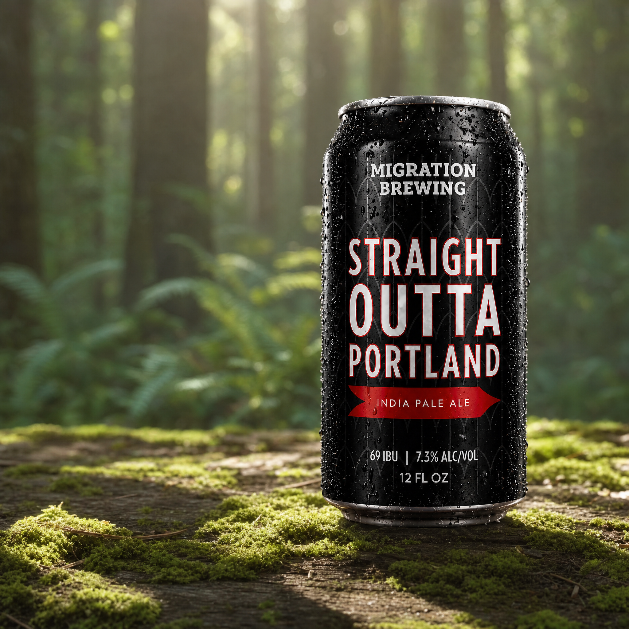 Product hero shot.  Social content.A black can of India Pale Ale with moisture droplets on its surface, standing on a mossy forest ground with blurred trees and sunlight in the background.