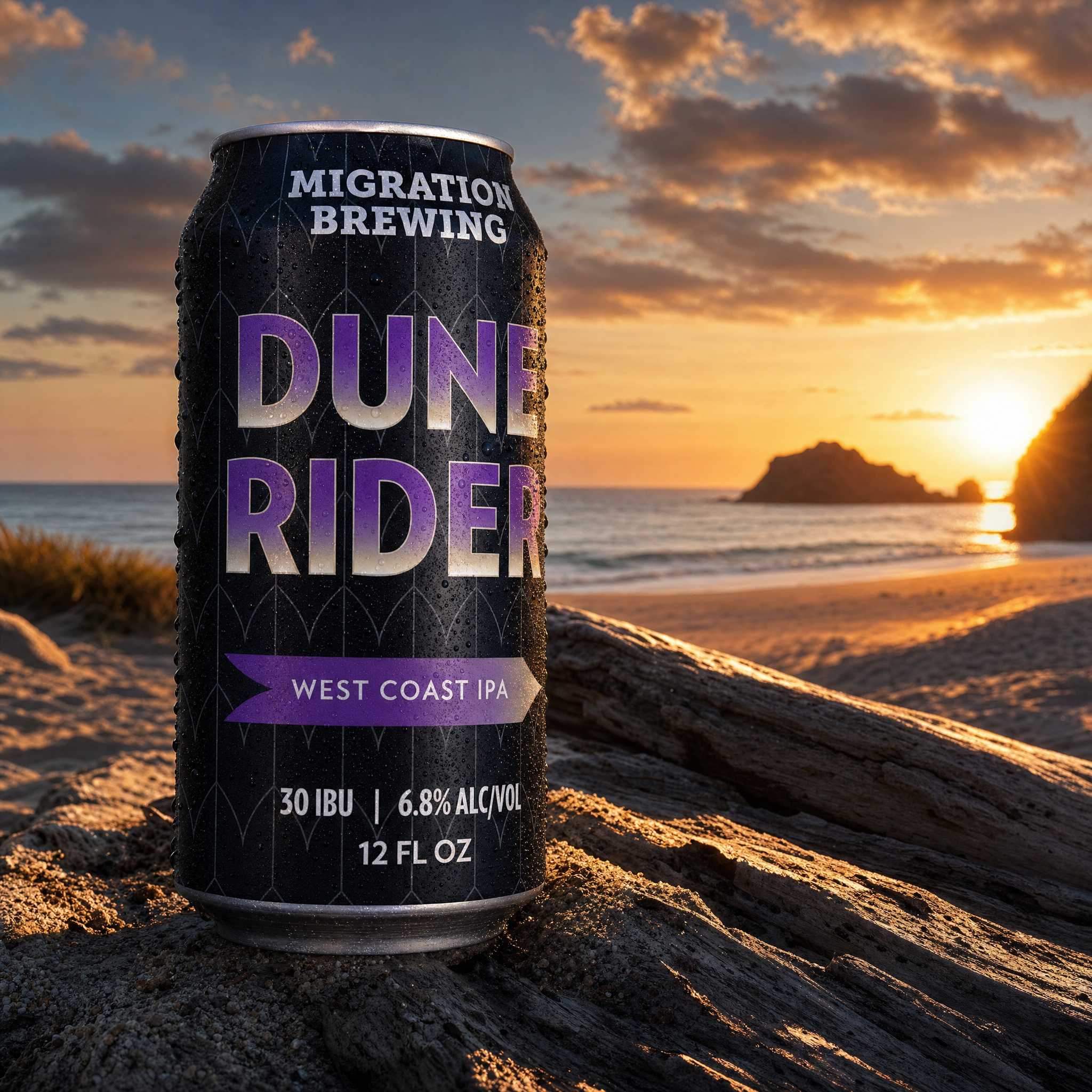 A can of Dune Ridge West Coast IPA with a sunset in the background, placed on a rocky surface near the beach.