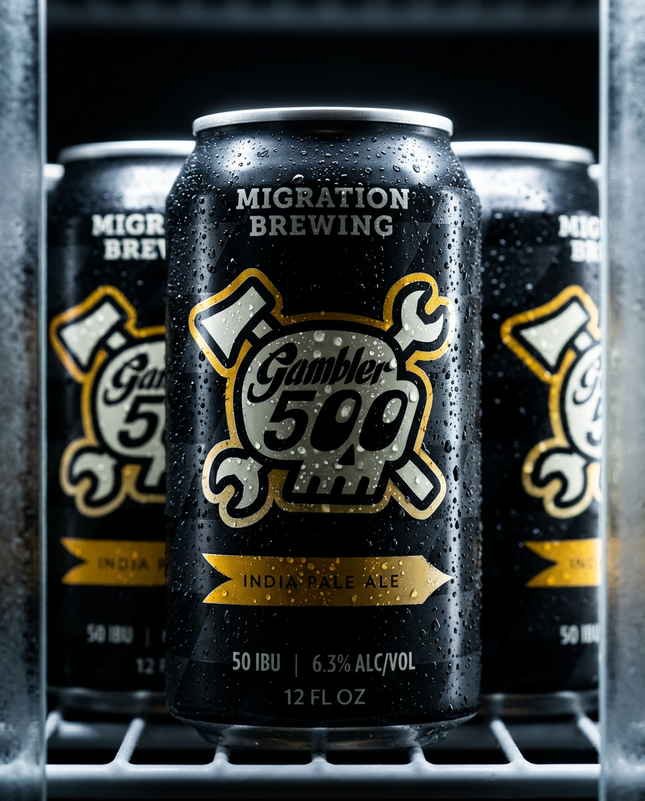 Close-up of a black can of Gambler 500 India Pale Ale with condensation, placed on a fridge shelf, with two similar cans in the background.