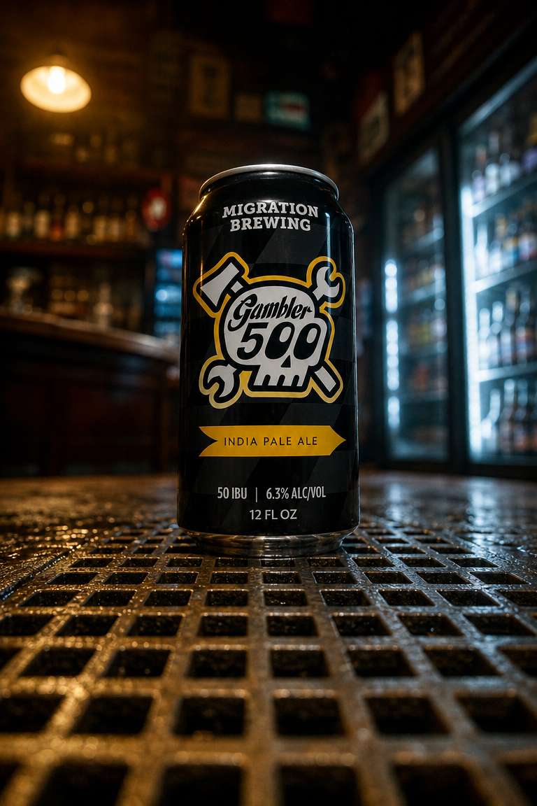 A can of Gumbler 500 India Pale Ale from Migration Brewing on a bar counter. The can features a skull with crossed wrench and hammer, and the label indicates 50 IBU, 6.3% alcohol, and 12 fluid ounces. Background shows blurry bar setting with warm lighting and a fridge on the right.