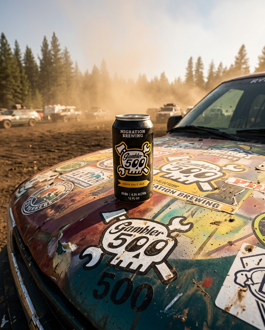 A can of Gambler 500 India Pale Ale placed on the hood of a car covered with stickers, with a background of dusty parking lot filled with vehicles and trees, during sunset.