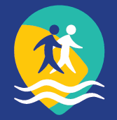Illustration of two people walking on a bridge over water, with a yellow and teal background.