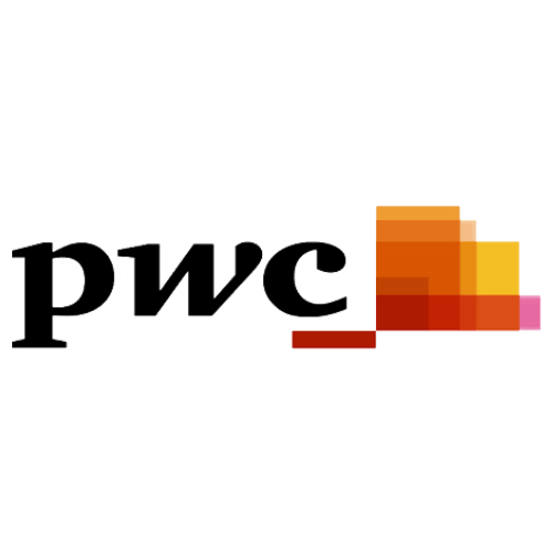 PWC logo with stylized bar chart in shades of orange, yellow, and pink.