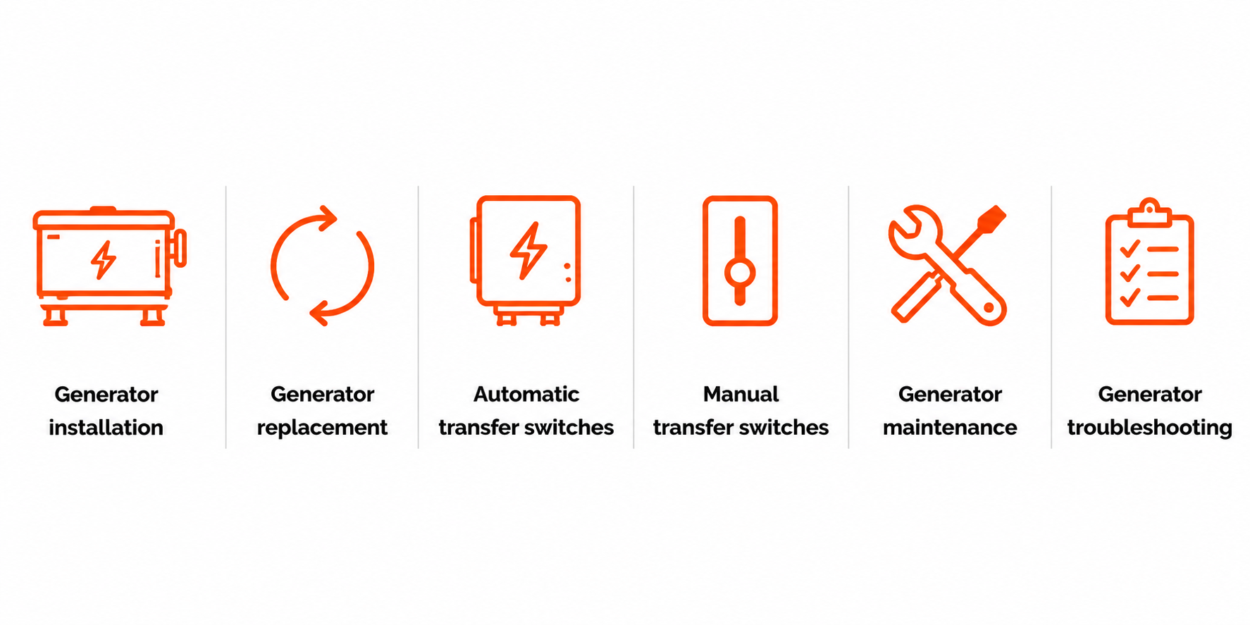 Generator Services Generator installation Generator replacement Automatic transfer switches Manual transfer switches Generator maintenance Generator troubleshooting