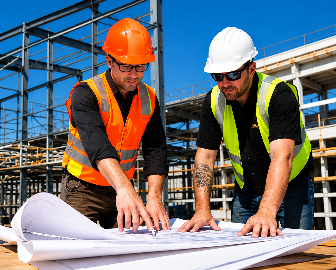 Two construction workers wearing safety vests, hard hats, and sunglasses working over large blueprints at a construction site under a clear blue sky.