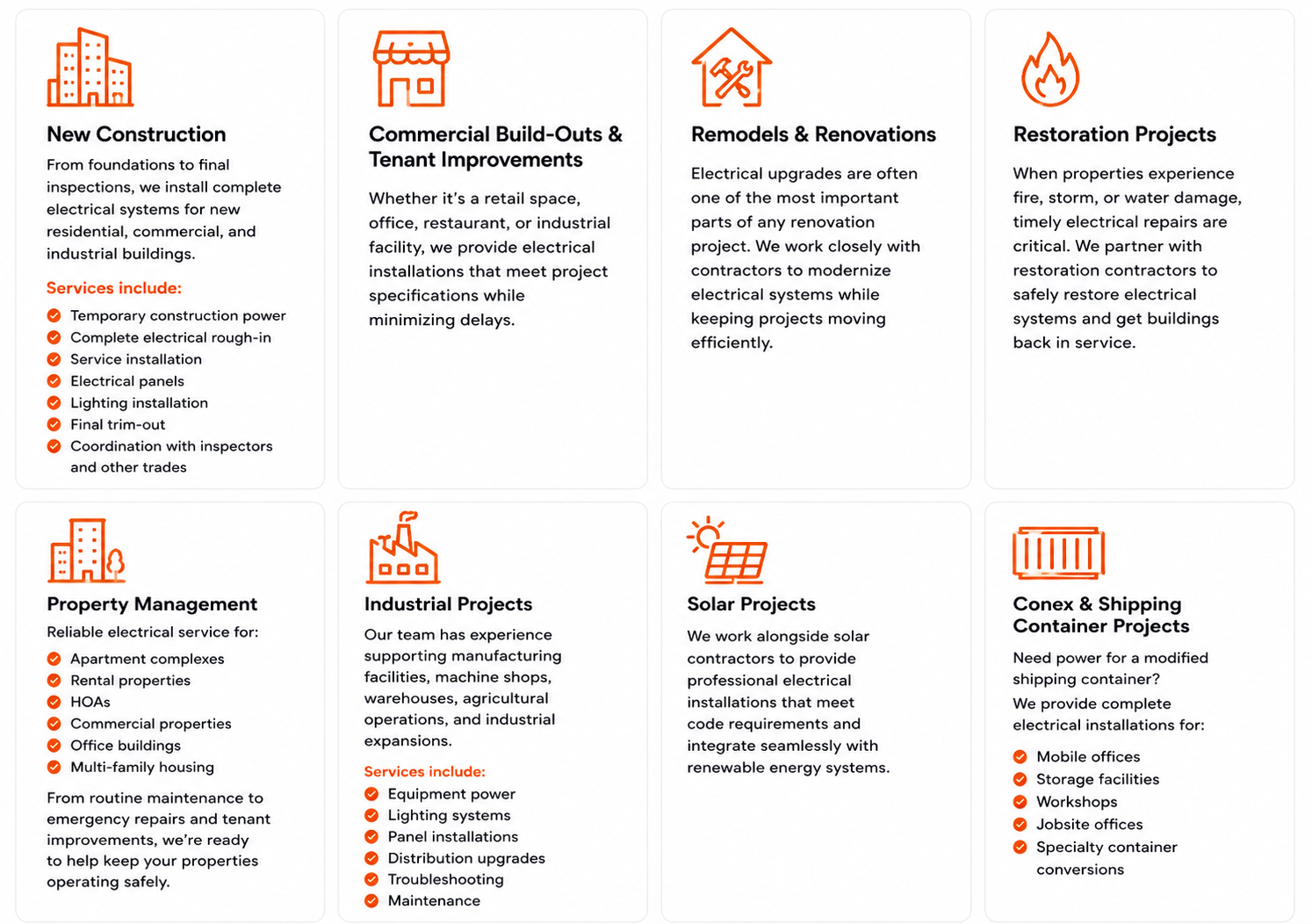 Various sections from a construction company's brochure including services for new construction, commercial build-outs, tenant improvements, remodels, renovations, restoration projects, property management, industrial projects, solar projects, and ship container projects, each with icons and descriptions in orange and black text.