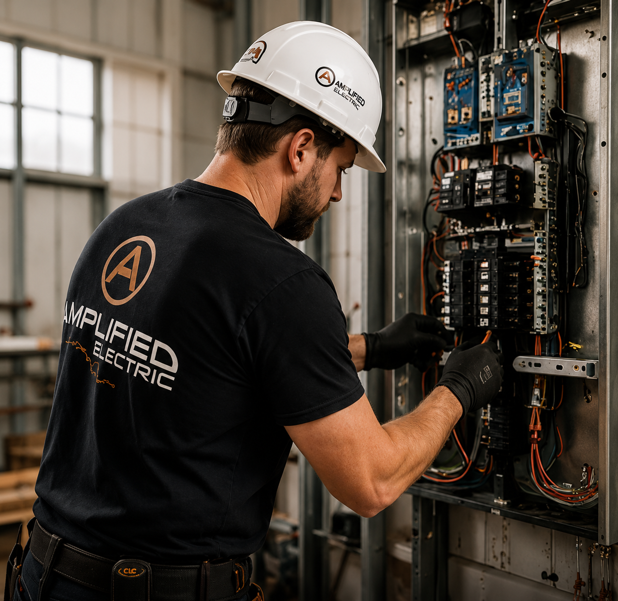 Amplified Electric electrician working on an electrical panel, Amplified Electric proudly serves St. Cloud and Central Minnesota with expert residential, commercial, and industrial electrical services. Licensed, reliable, and customer-focused.