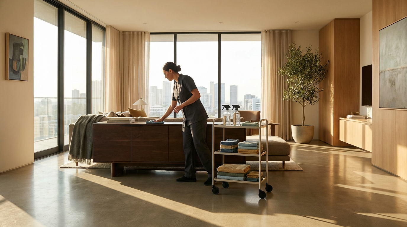 A woman cleaning a modern living room with large windows, a sofa, a side table, and tall potted plant, in a high-rise building with city views.