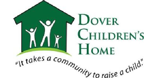 Logo for Dover Children's Home with three stylized children under a house and the motto 'It takes a community to raise a child'.