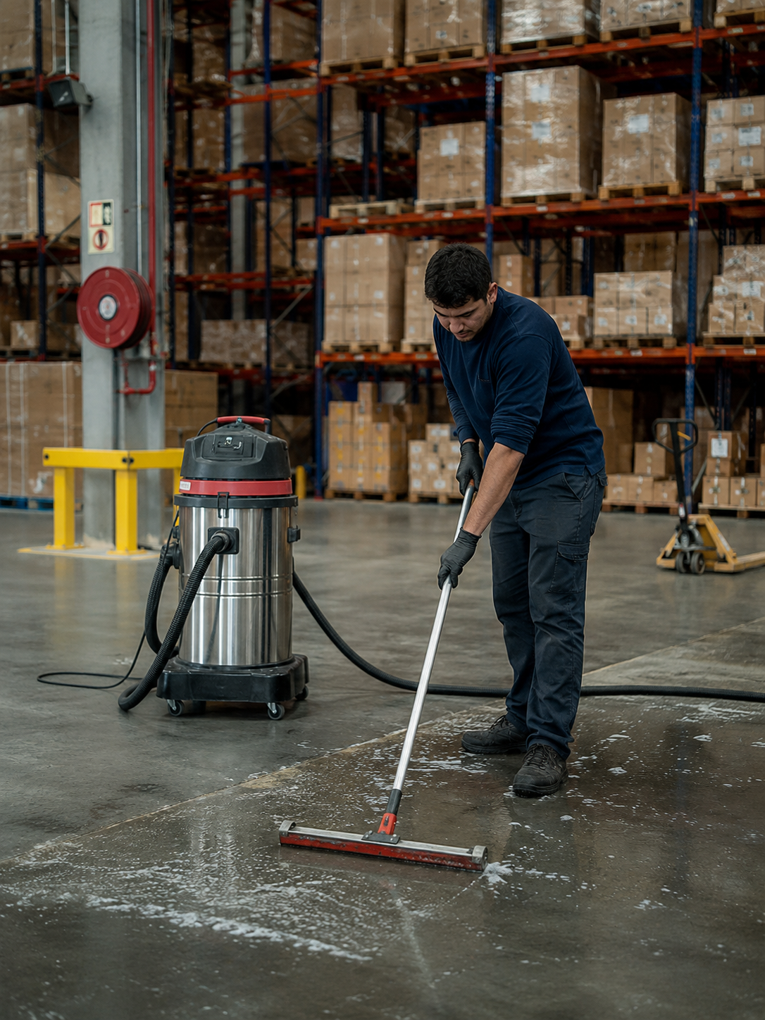 A person cleaning the warehouse floor with a mop and industrial vacuum cleaner.