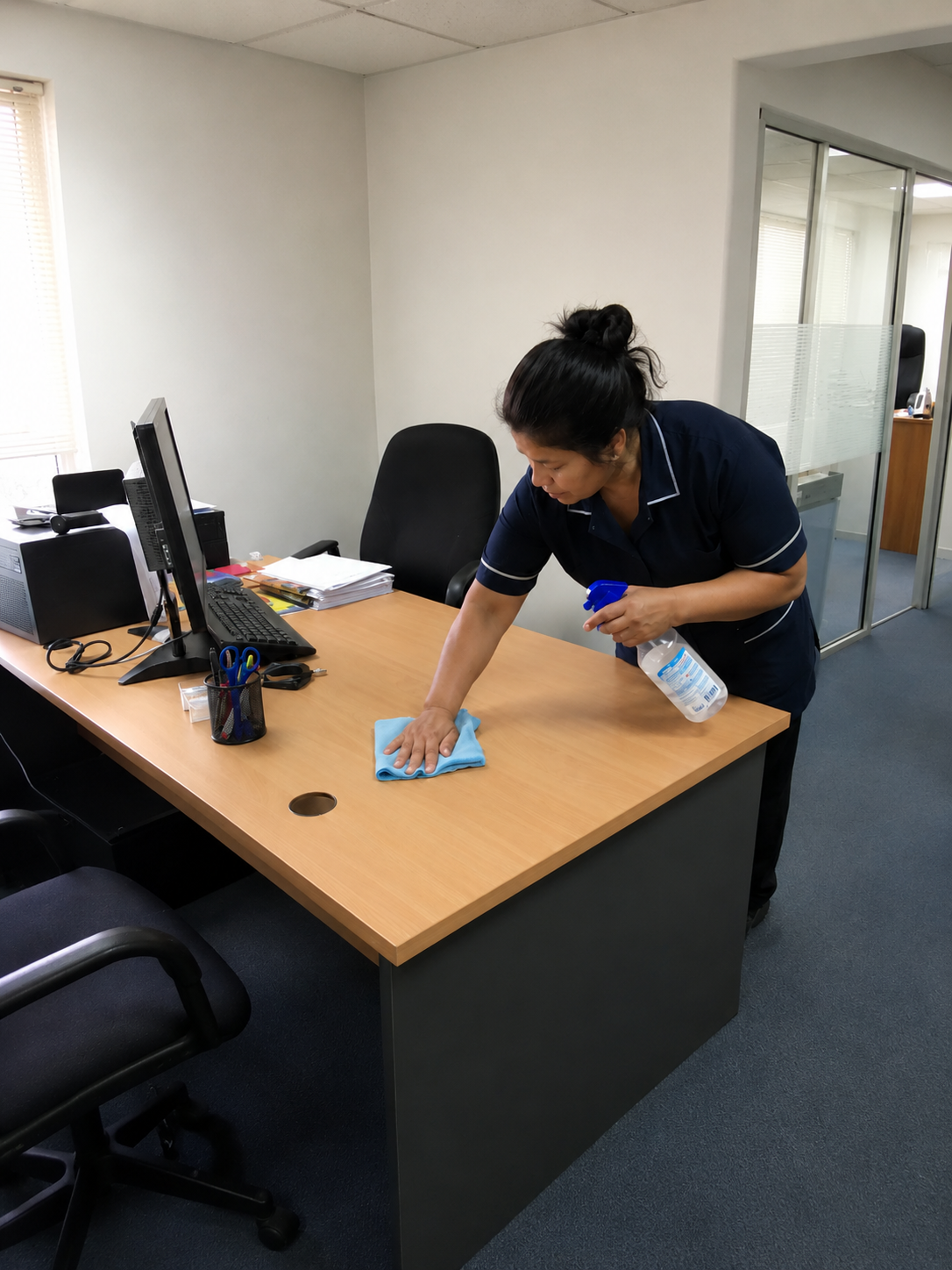 Woman disinfecting a desk with a blue cloth and spray bottle in an office.