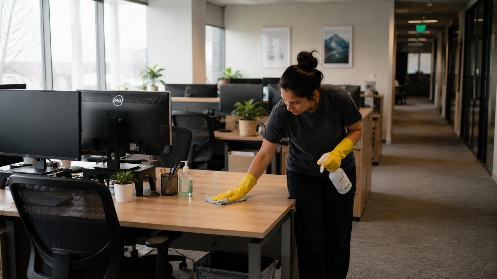 A woman wearing yellow rubber gloves is cleaning a wooden desk in an office space, holding a spray bottle in her right hand and a cloth in her left hand.