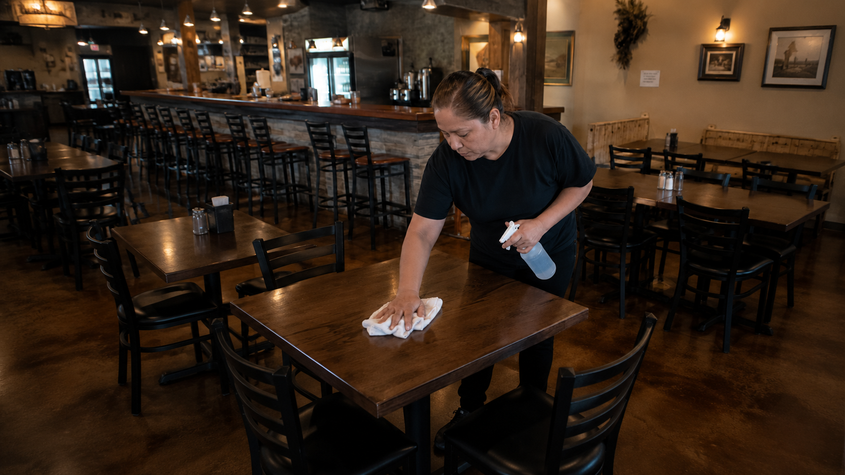 A woman cleaning a wooden table in a restaurant with a spray bottle and white cloth, with empty chairs and tables around.