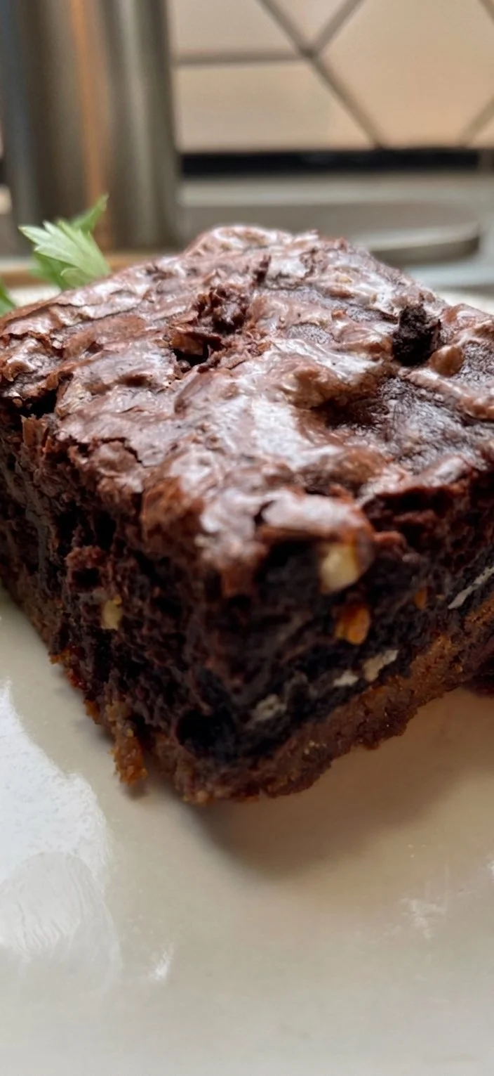 Close-up of a chocolate brownie square on a white plate with a small green garnish in the background.