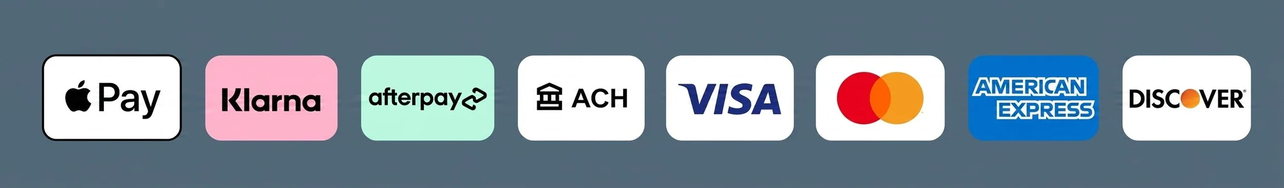 Collection of payment method icons including Apple Pay, Klarna, Afterpay, ACH, Visa, Mastercard, American Express, and Discover.