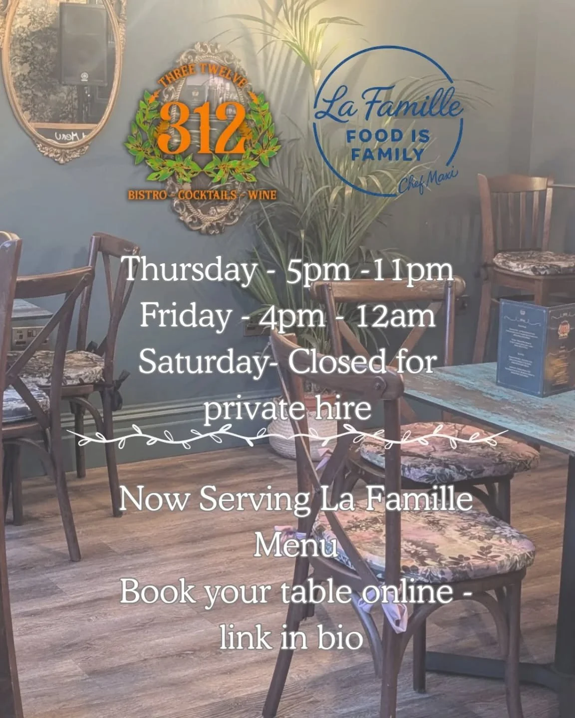This Saturday we are closed for a private hire but open as usual Thursday and Friday! 

Have you come to try our new @lafamillebistromcr menu yet? Book your table today - link in bio