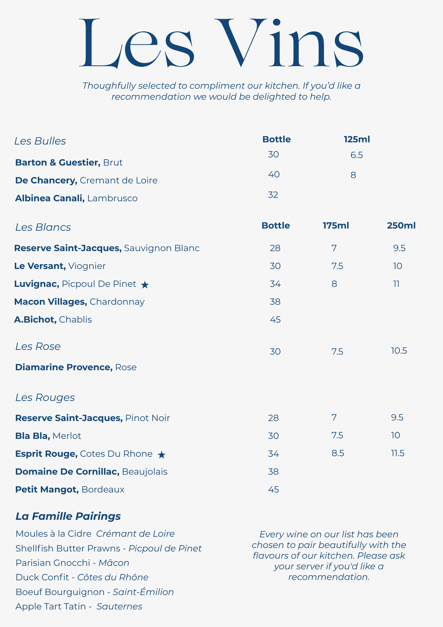 French Wine menu at La Famille, Three Twelve Bar & Bistro.