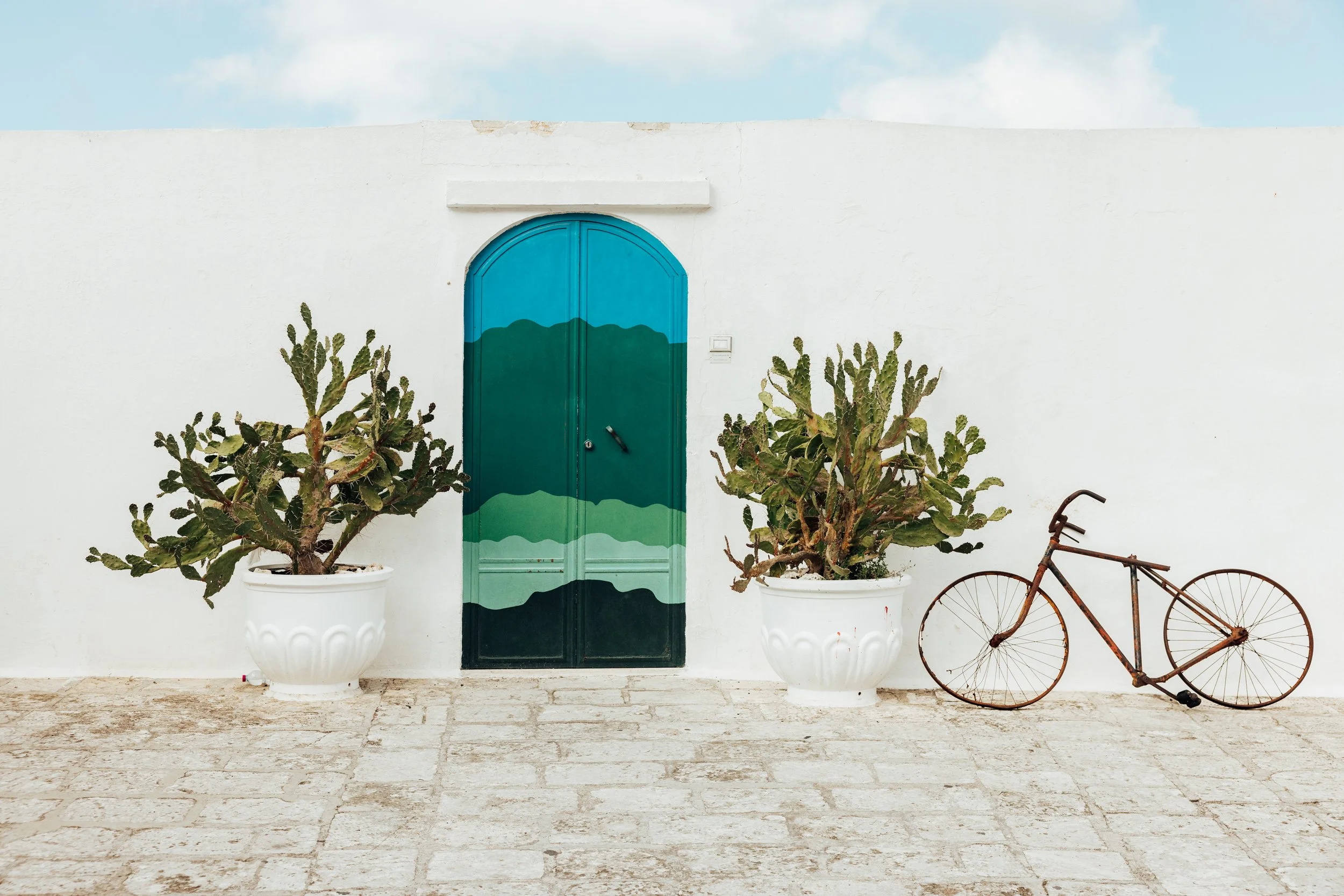 White wall with a painted blue and green door, two large potted cacti on either side of the door, and an old rusty bicycle leaning against the wall on the right.