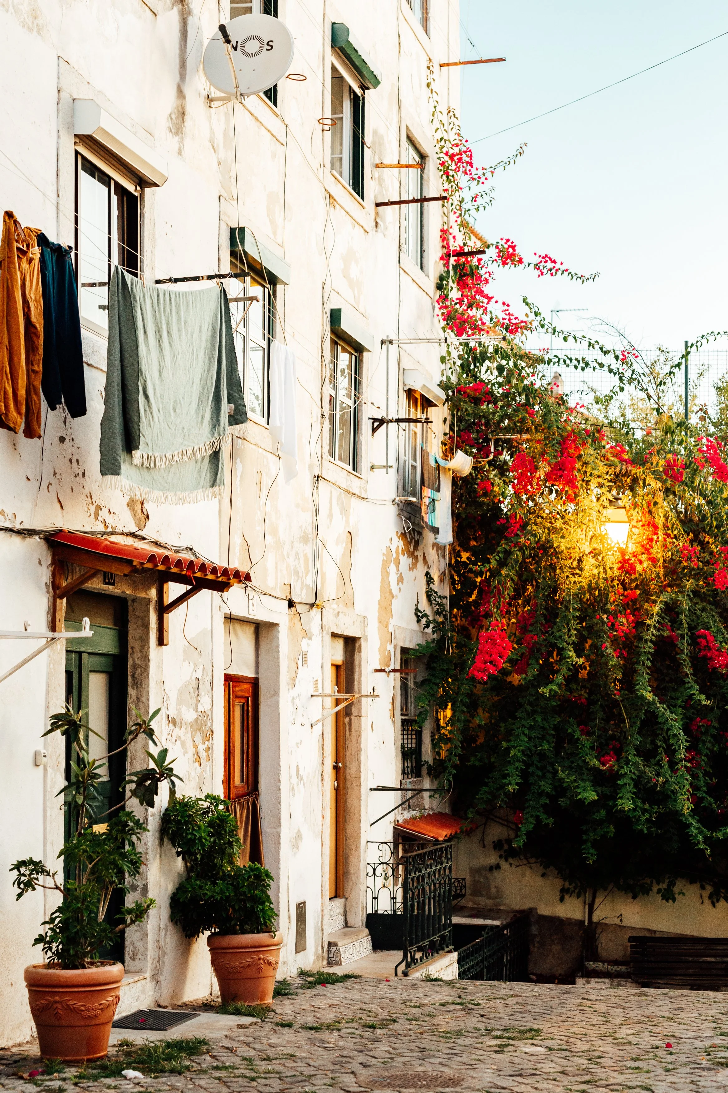 Old white building with laundry hanging on clotheslines, potted plants near the entrance, flowering bushes on the side, and a cobblestone street during sunset.