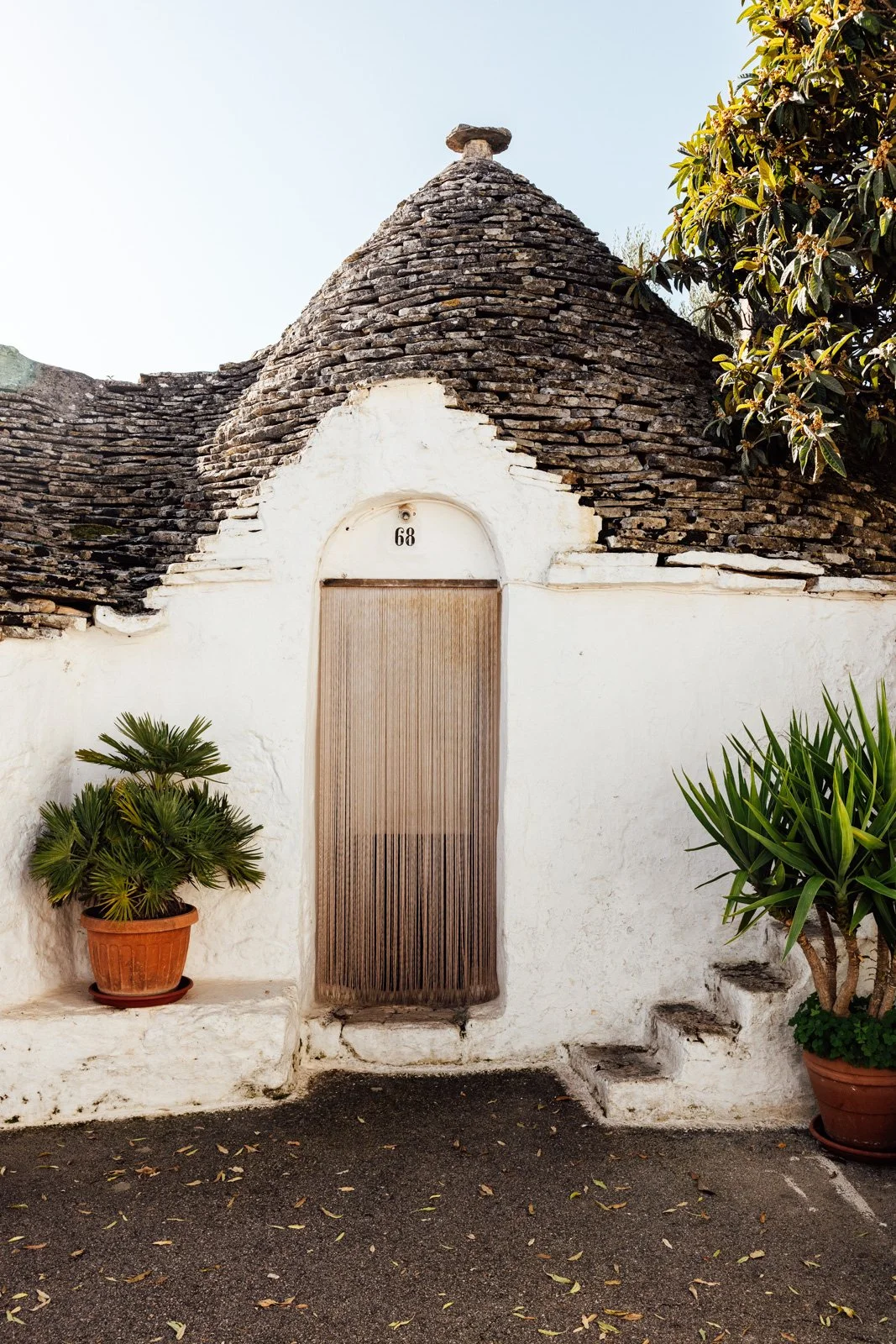 White building with a conical stone roof and a wooden door with a beaded curtain. The number 68 above the door. Two potted plants on either side of the entrance, with green foliage. The ground is dark asphalt with some fallen leaves.