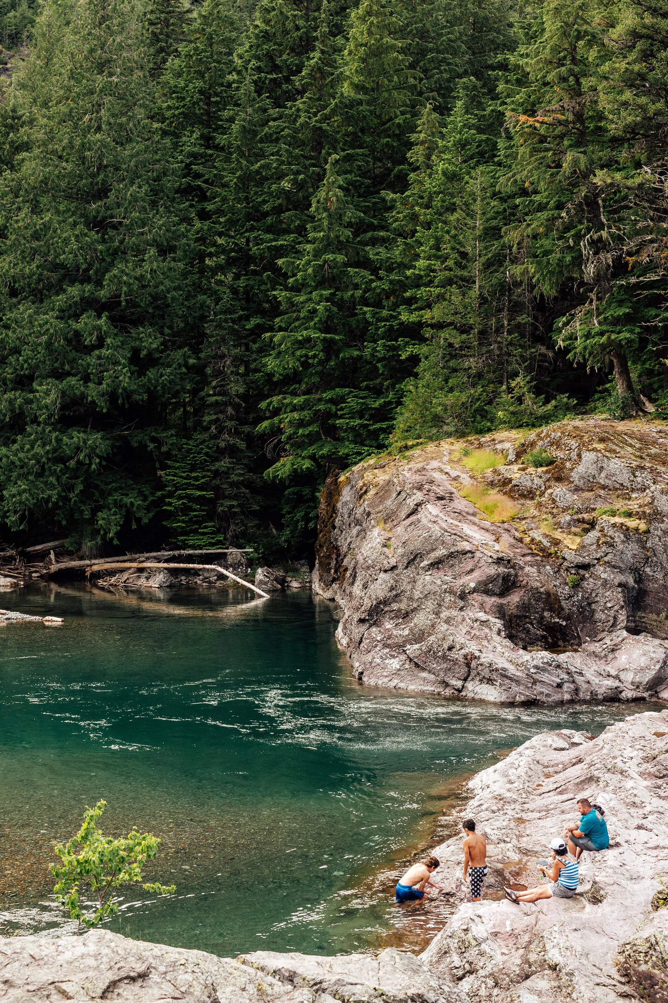 Four children and one adult sitting and playing near the water's edge on a rocky bank, with dense green pine trees and a large rock formation in the background.