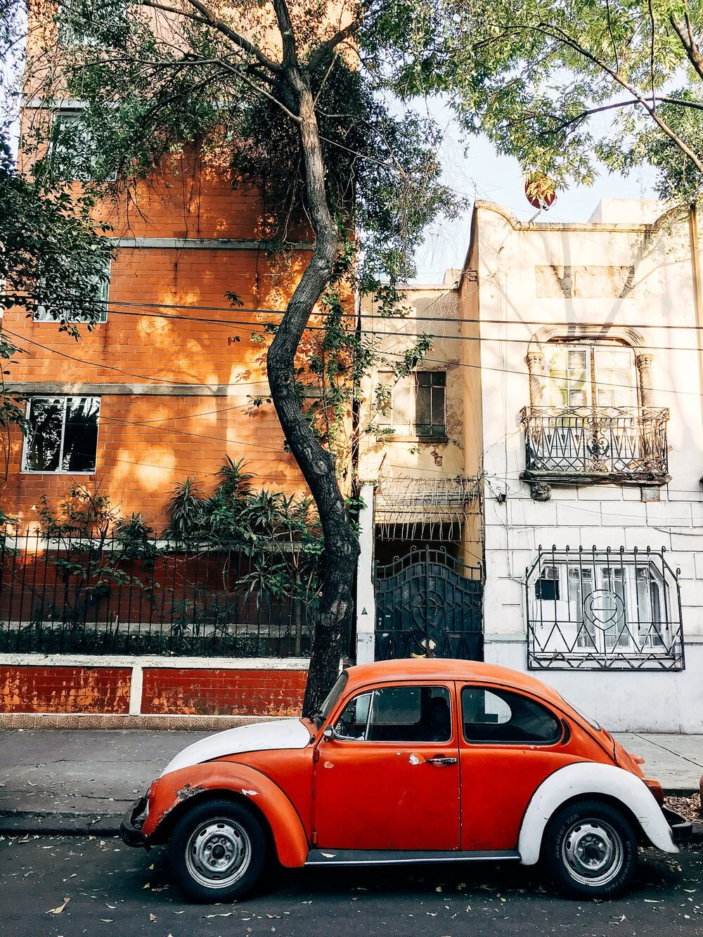 An orange and white vintage Volkswagen Beetle car parked on a street in front of a brick and stucco building with windows and iron balconies, surrounded by trees.