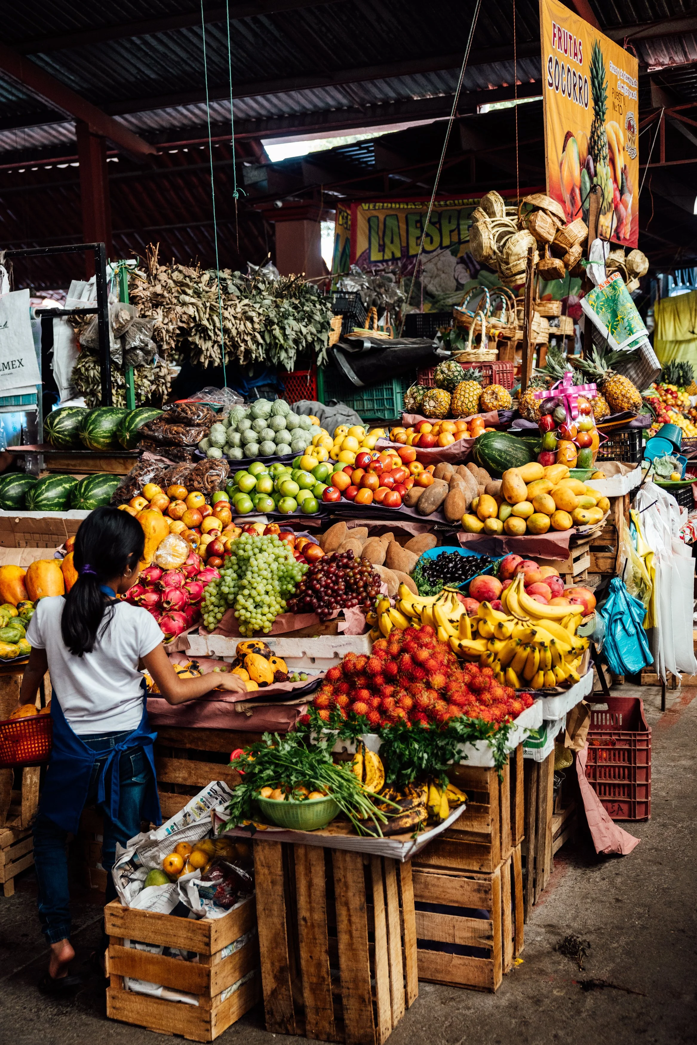 A girl shopping at a colorful fruit stand in an open-air market. The stall displays watermelons, apples, bananas, grapes, and lychees among other fruits. There are signs in Spanish and various baskets and crates of produce.