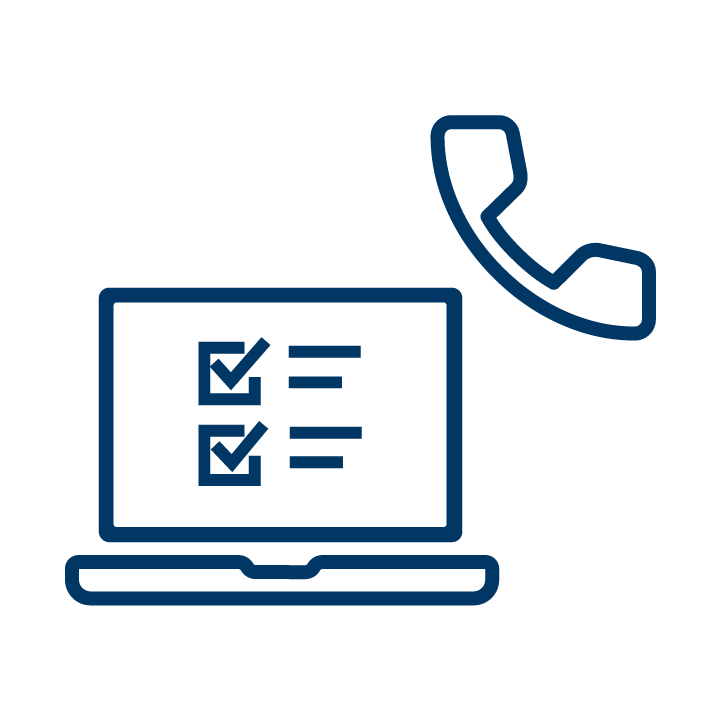 Outline of a computer with checklists on the screen and a telephone handset above it.