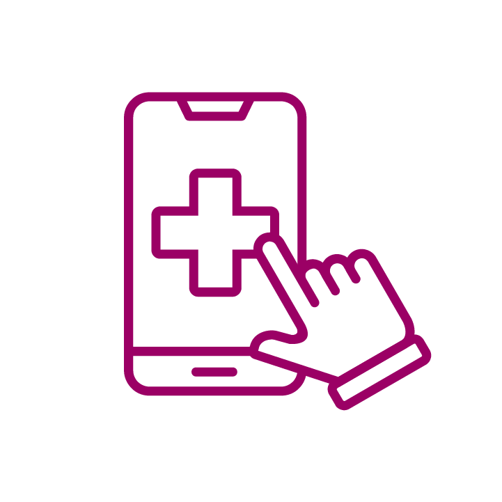 Outline icon of a smartphone with a medical cross on the screen and a hand touching the screen, representing mobile health or telemedicine.