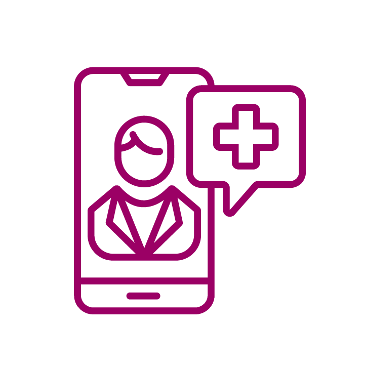 Line drawing of a smartphone with a doctor in a coat on the screen and a speech bubble with a medical cross.