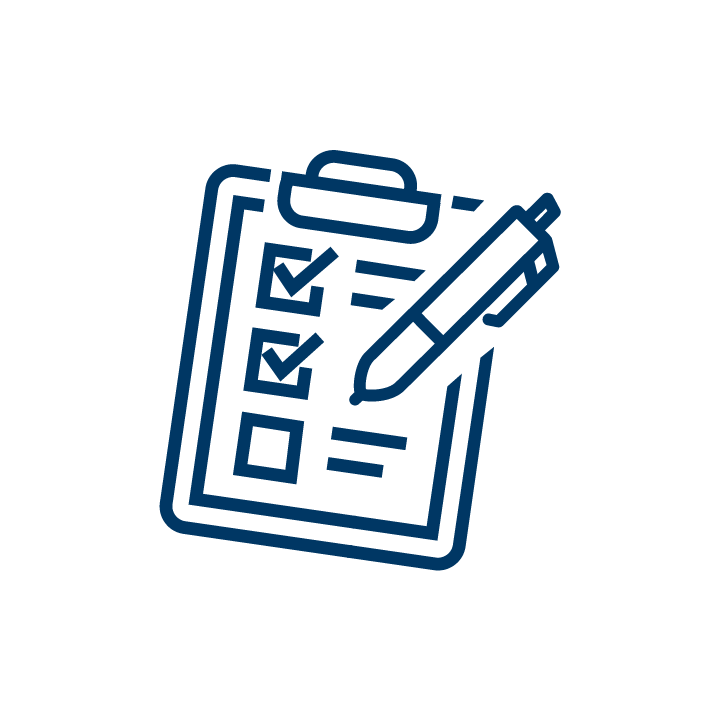 Icon of a clipboard with checkmarks, a pen, and lines representing text.