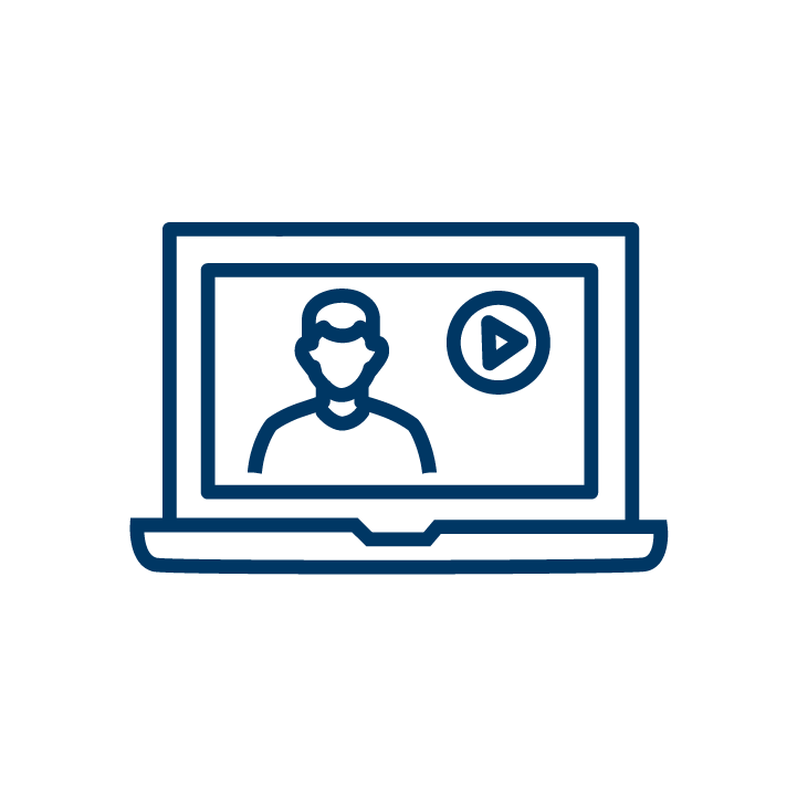 Line drawing of a person on a computer screen with a play button, indicating a video call or online presentation.