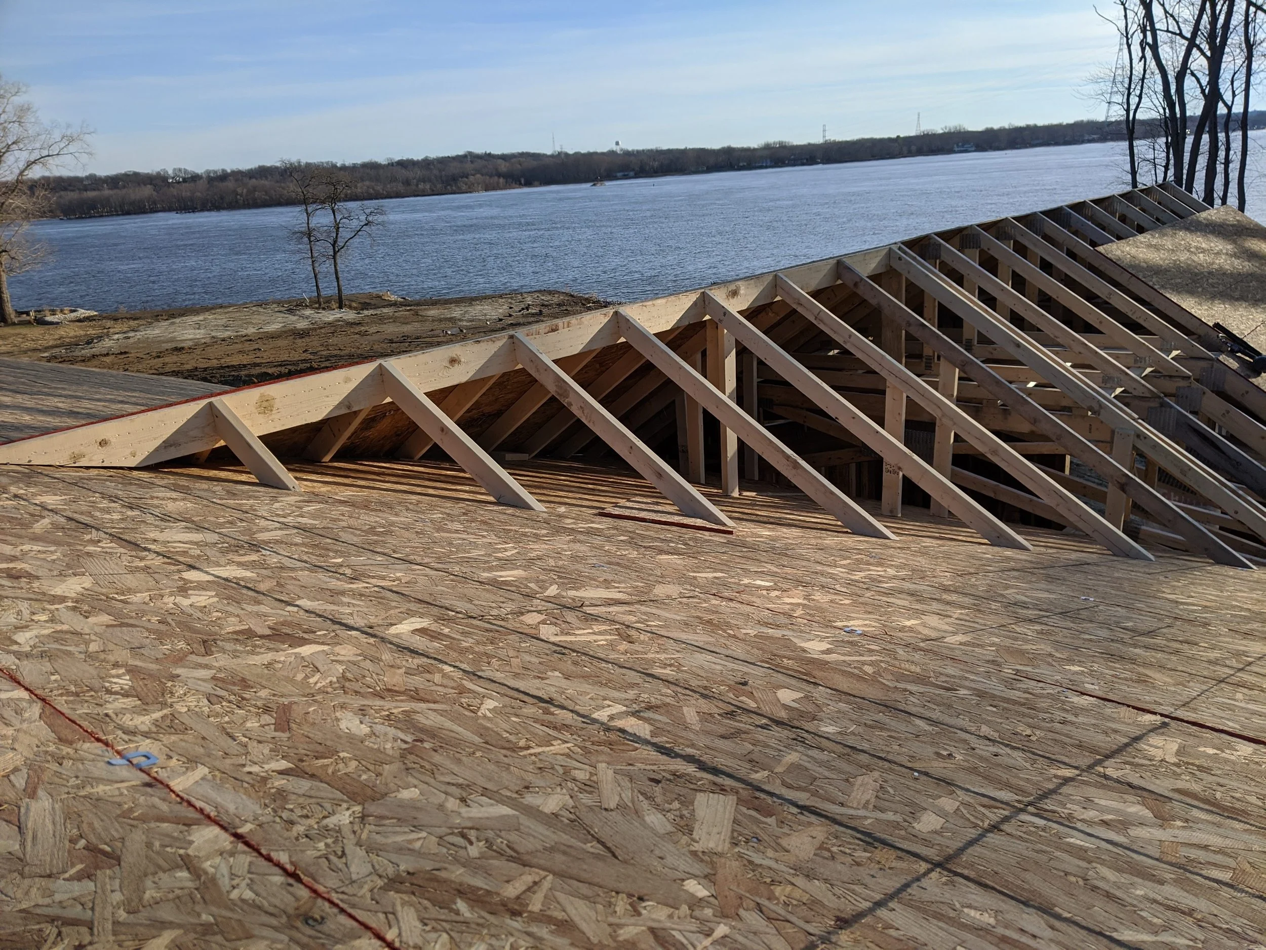 Roof trusses set above the Mississippi River