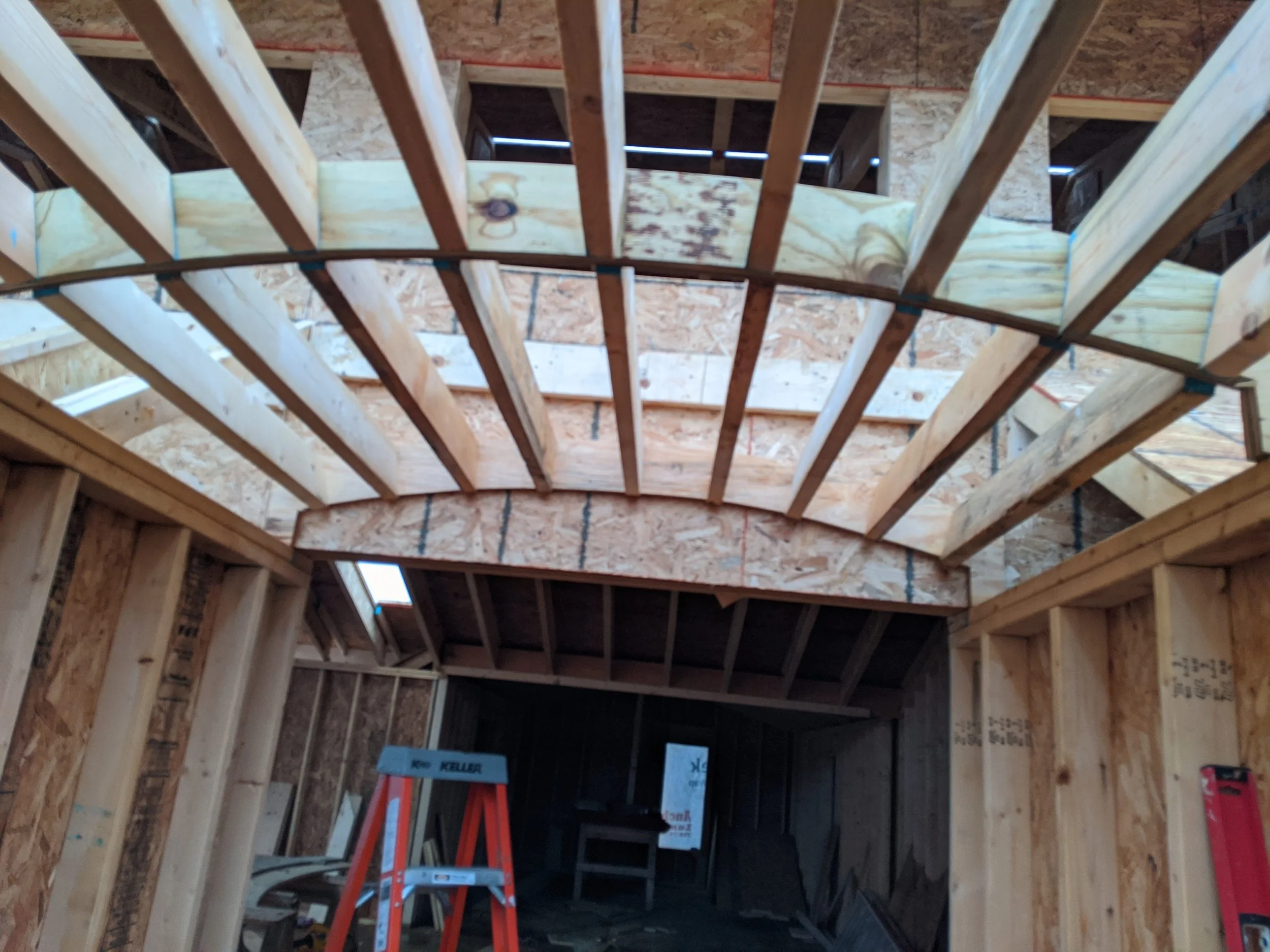 Framed barrel-vault ceiling with curved ribs
