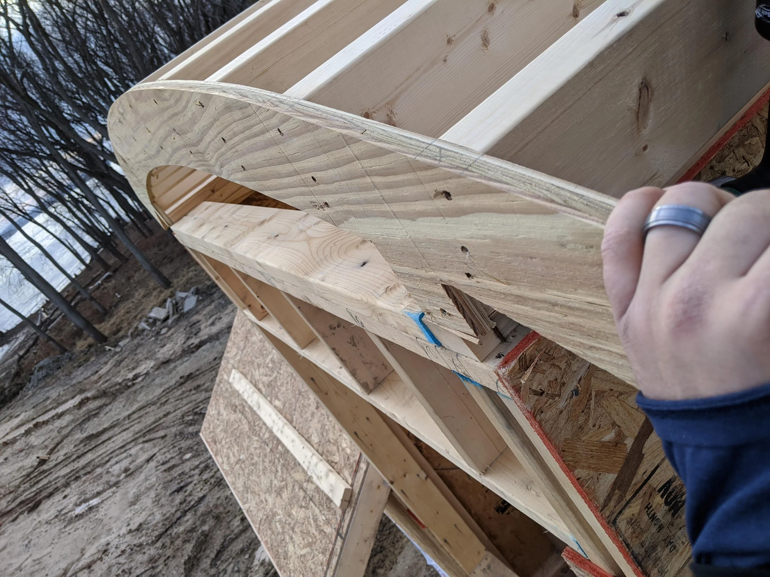 Close-up of a curved rib built for the barrel ceiling