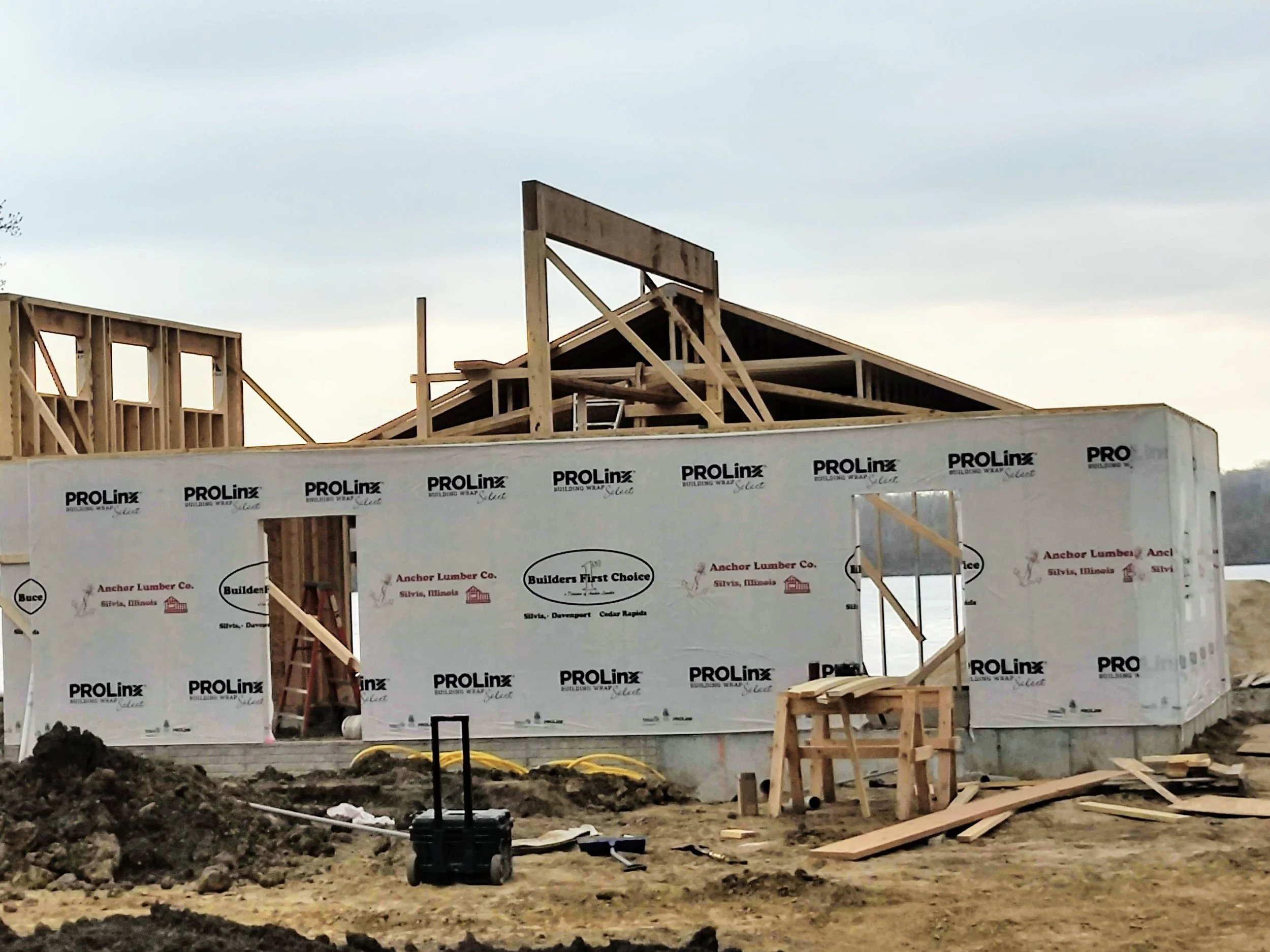 Pool house framing with house-wrap on the walls