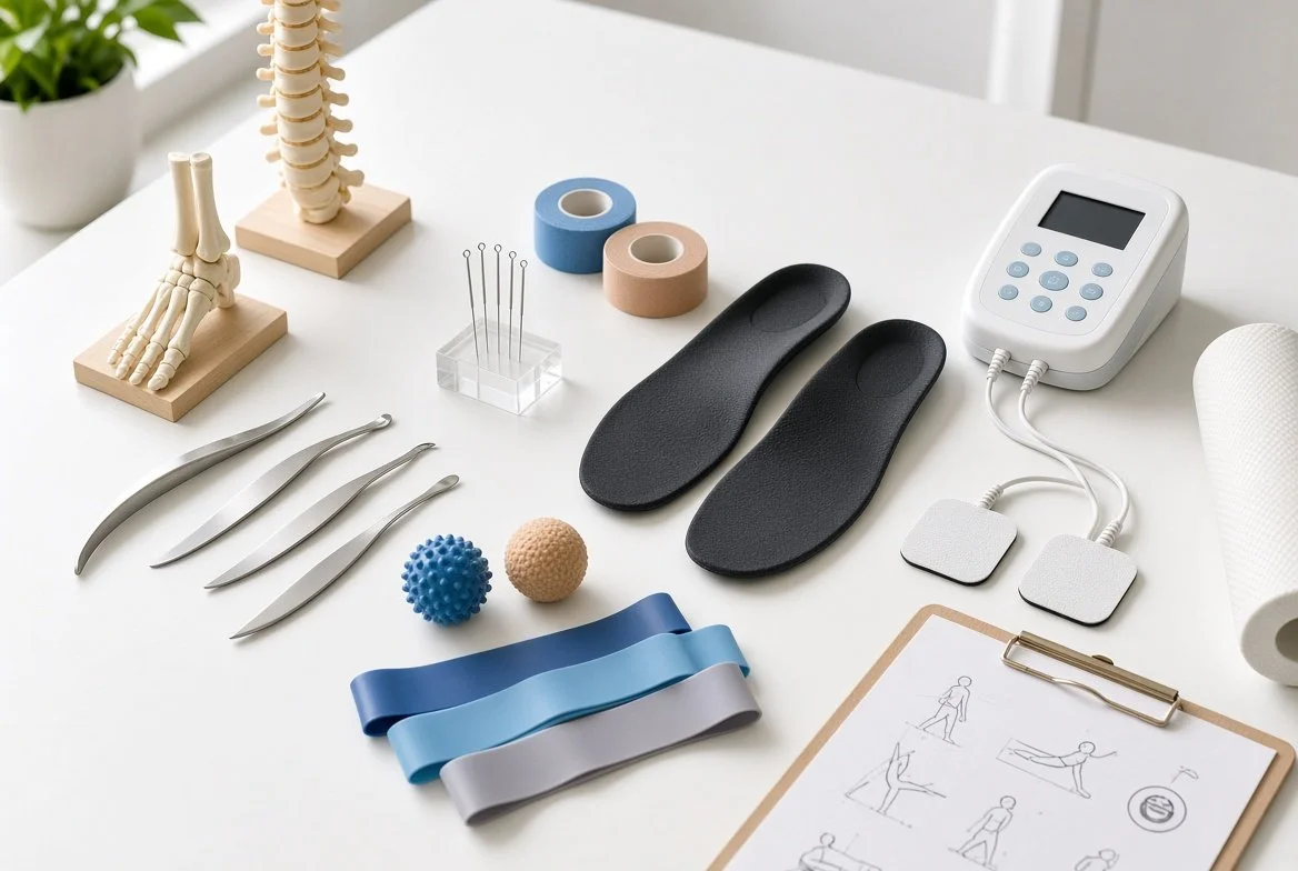 Chiropractic therapy tools including skeletal models, resistance bands, massage tools, a patient monitor, and exercise instructions on a clipboard.