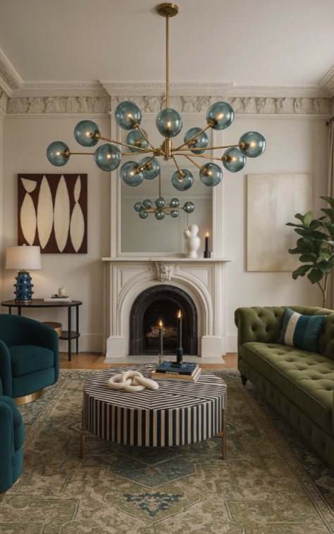 Living room with a fireplace, green tufted sofa, blue armchair, striped ottoman, and modern chandelier with blue globes.