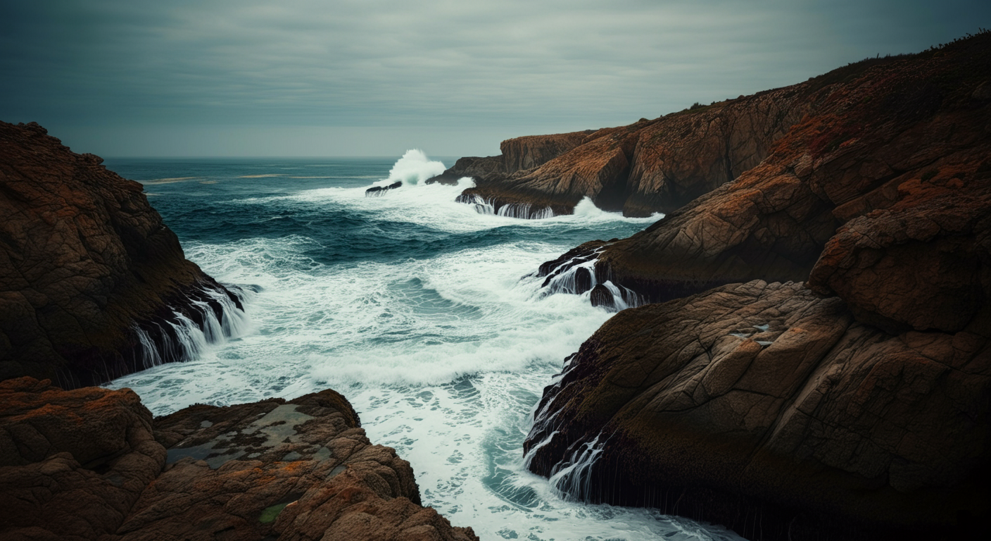 Coastal scene with waves crashing along rocky cliffs under a cloudy sky.