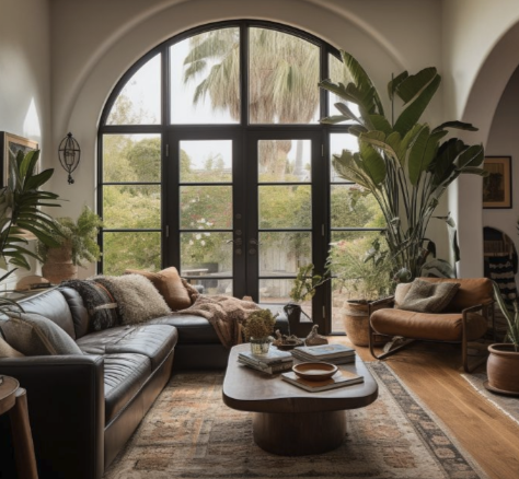 Living room with large arched window, black frame, lush indoor plants, gray sectional sofa, wooden armchair, coffee table with books and decor, and patterned rug.