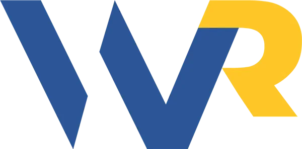 Logo with a large blue 'V' and a yellow 'R' to the right.