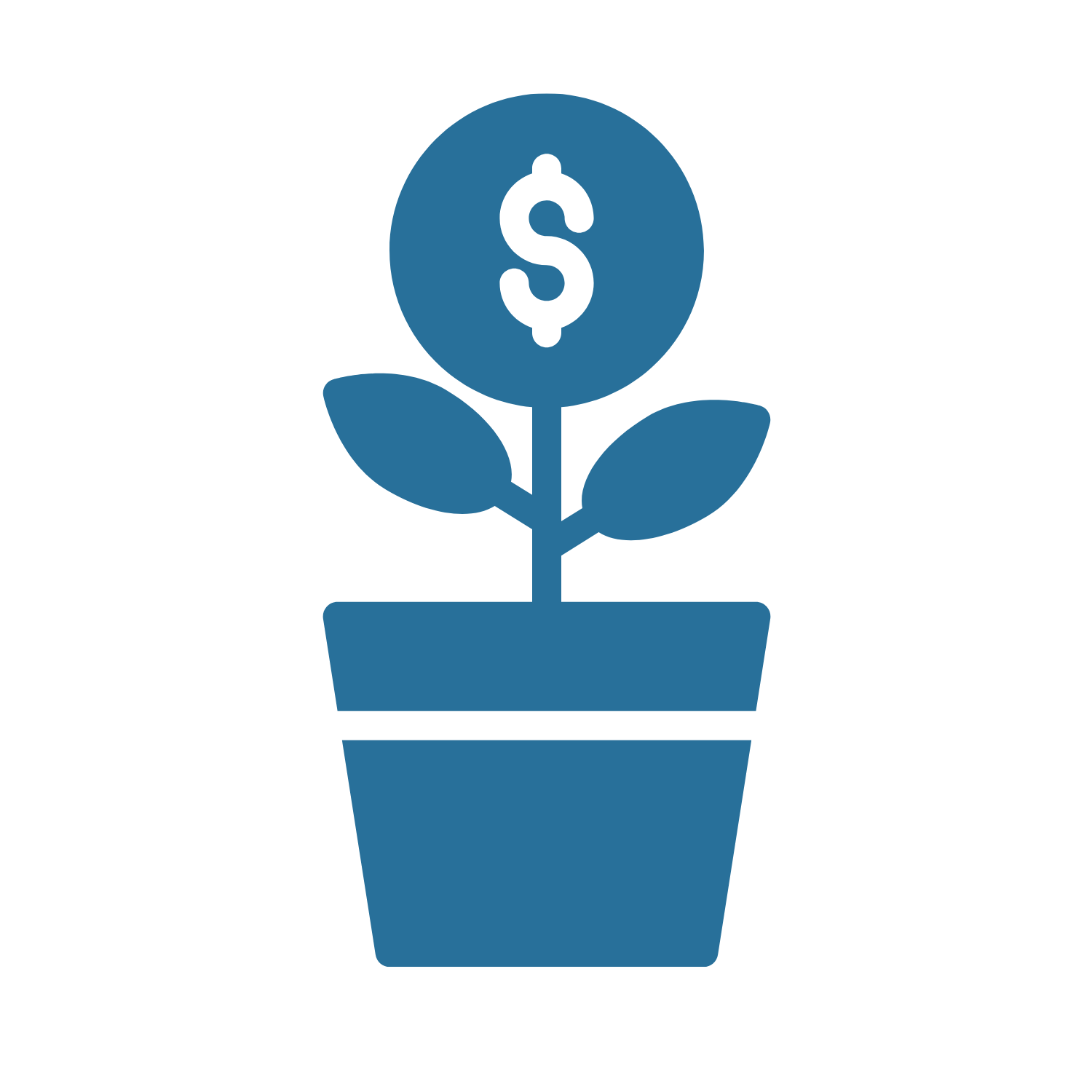 A simple graphic illustration of a potted plant with a dollar sign on a round flower inside the plant.