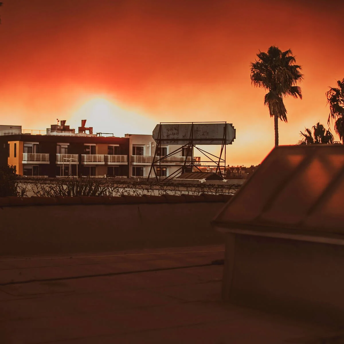 Multi-story residential buildings silhouetted against an orange and red sky filled with wildfire smoke. Palm trees are visible in the foreground, creating a stark contrast against the ominous fire-lit horizon.