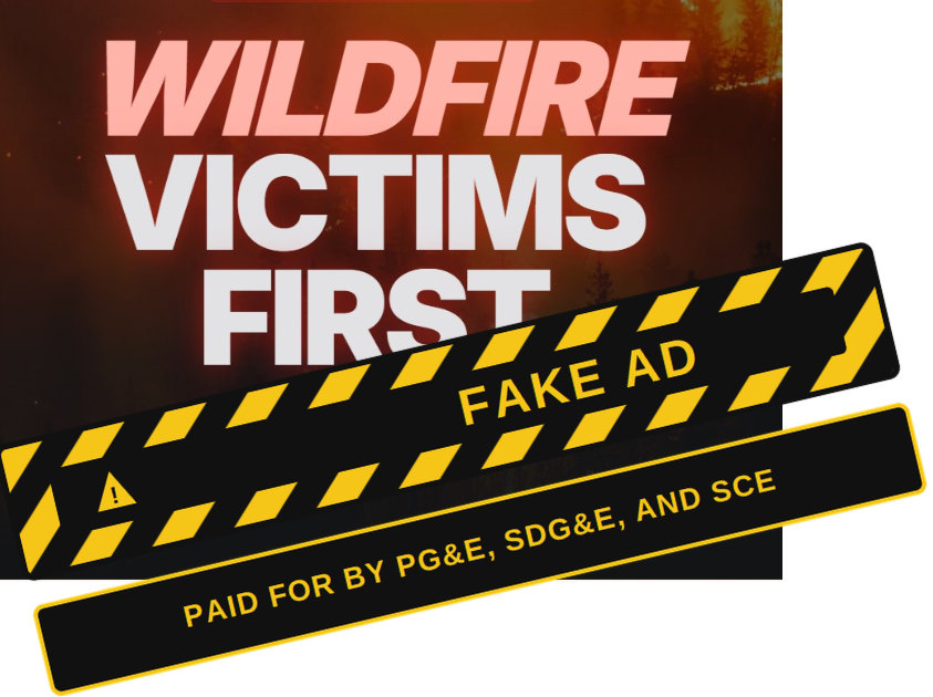 Graphic labeled 'Fake Ad' over a wildfire-themed ad reading 'Wildfire Victims First,' marked as paid for by PG&E, SDG&E, and SCE