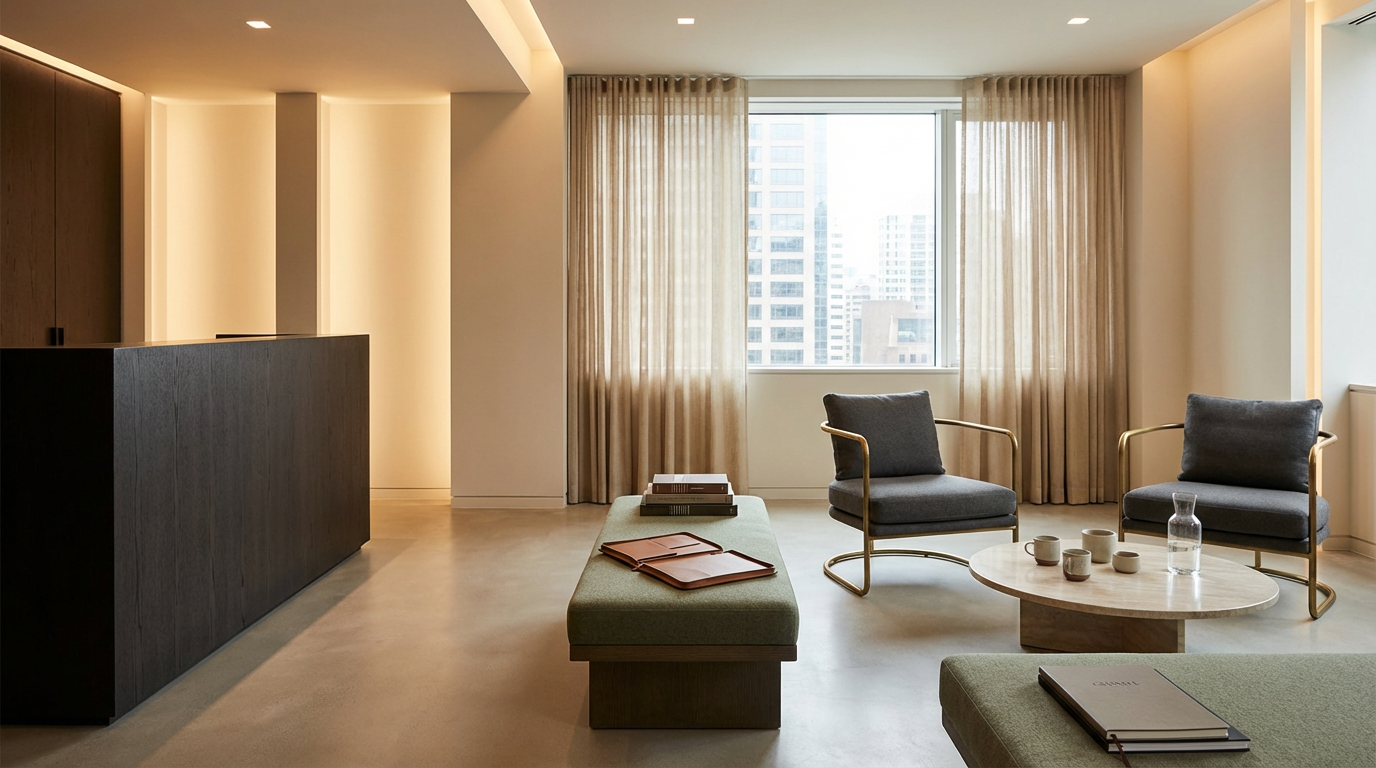 Modern living room with large window, beige curtains, two dark gray armchairs, a round coffee table with cups, tray, and a water pitcher, and a green upholstered bench with books and folders.