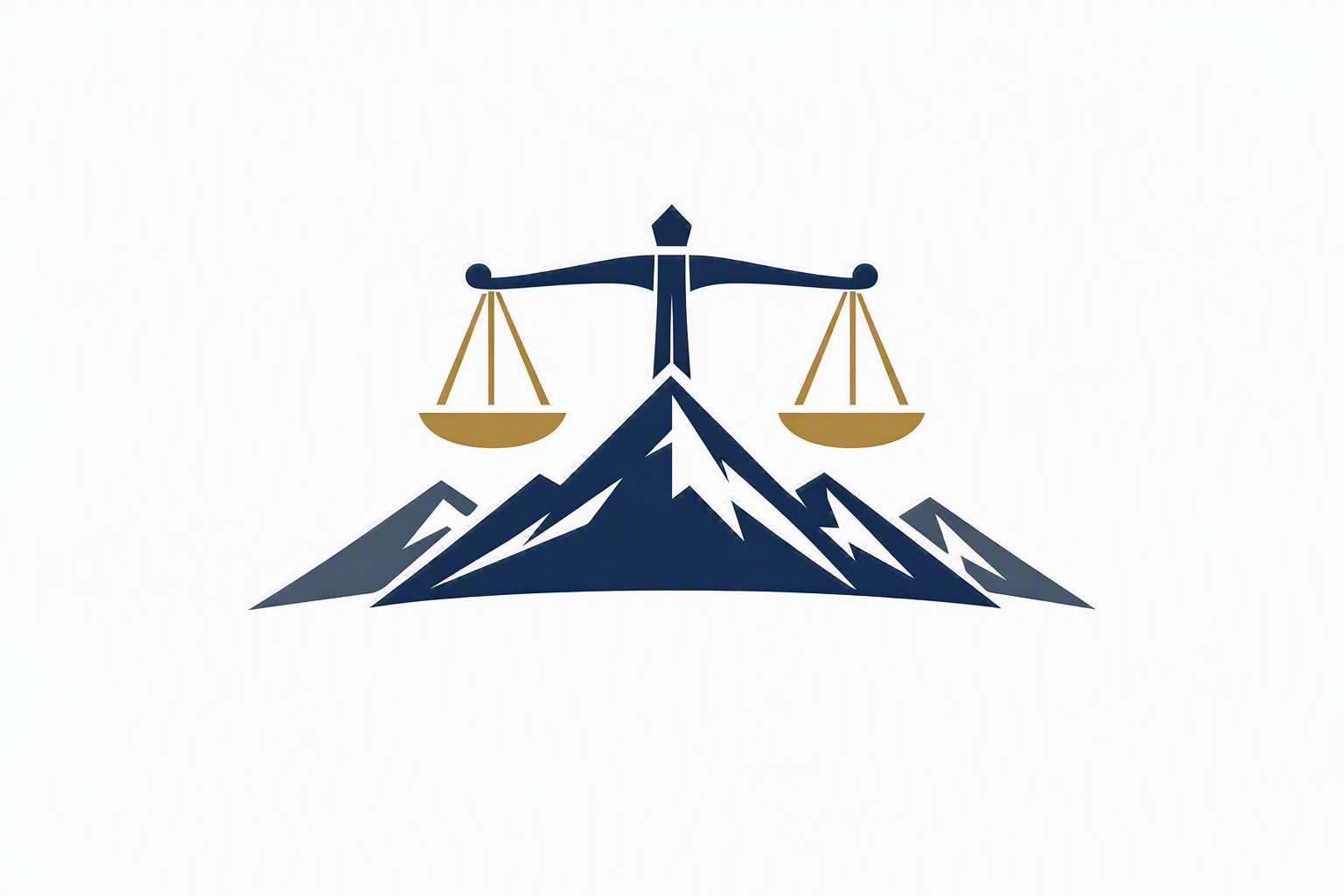 A stylized graphic of a mountain range with a balanced scale above it, symbolizing justice.