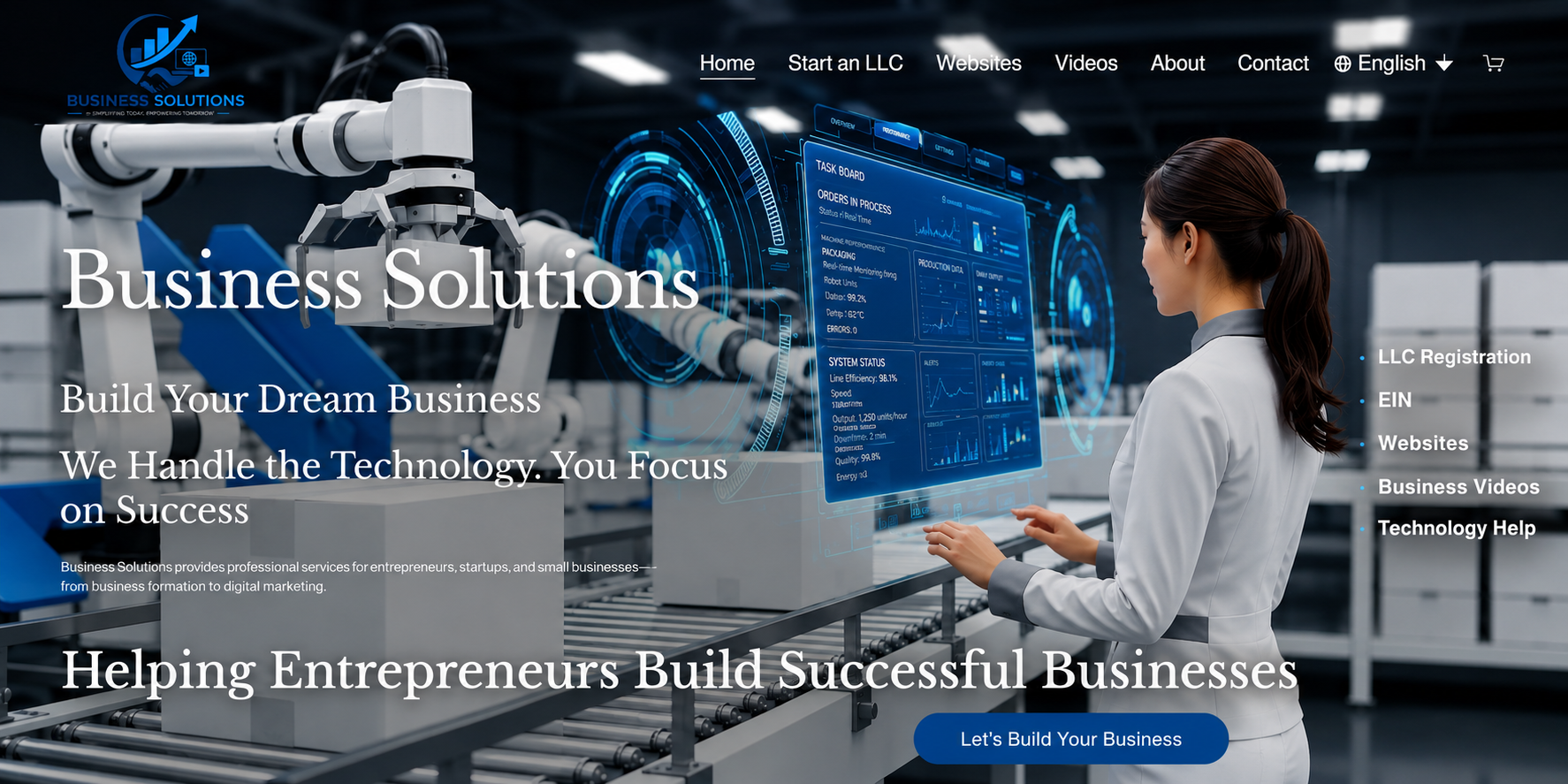 Homepage of a business solutions website featuring a woman working with a robotic arm and digital interface, with navigation menu and business-related text.