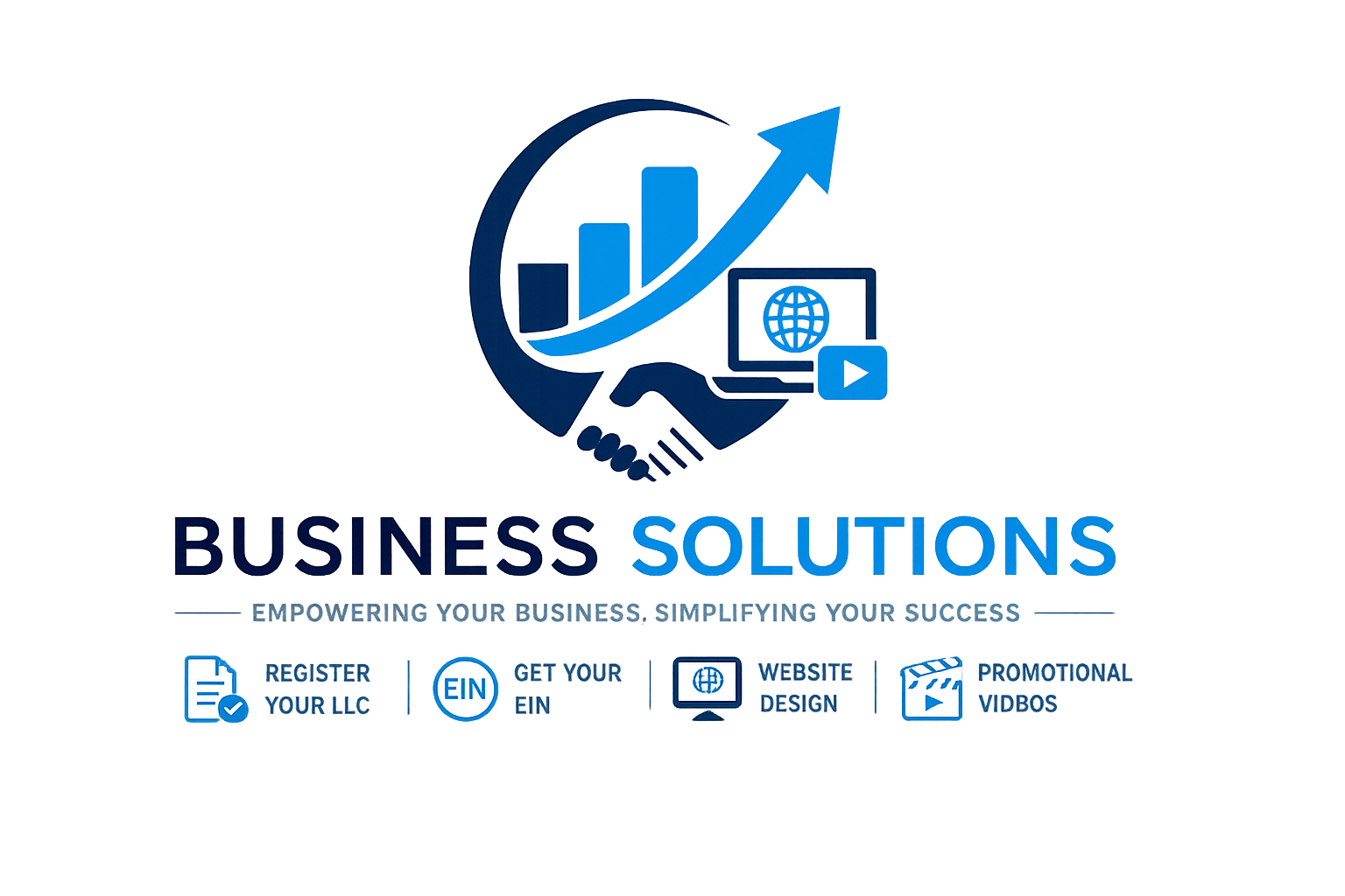 Business solutions company logo with icon of handshake, chart, globe on laptop, and play button, plus text: "Business Solutions" and "Empowering your business, simplifying your success." Icons for registering LLC, getting EIN, website design, and promotional videos.