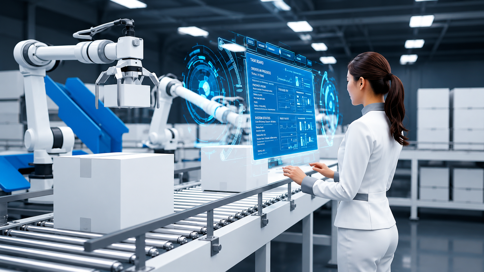 A woman in a white lab coat interacts with a holographic digital interface in a futuristic factory setting with robotic arms and conveyor belts.