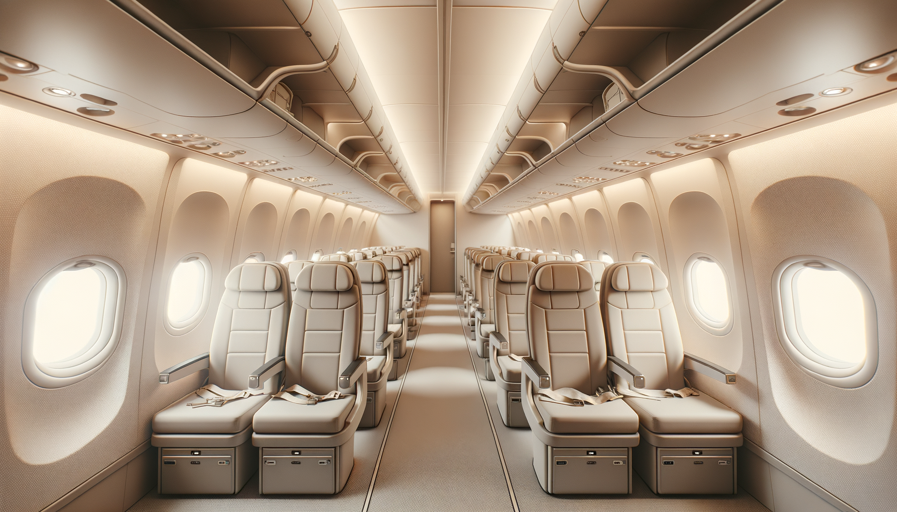 Empty airplane cabin with beige seats and overhead compartments, viewed from the back looking forward.